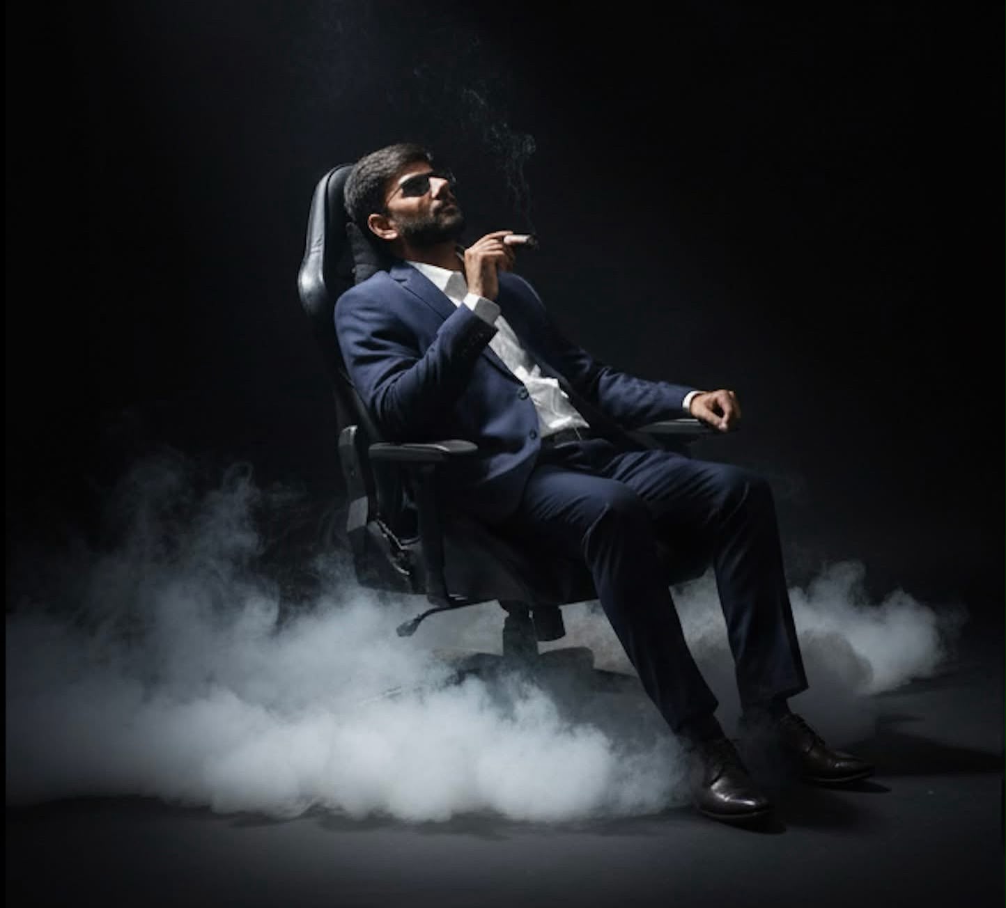 Gautam Kumawat seated in an office chair in a dark suit, lit against a black ground with smoke drifting across the floor